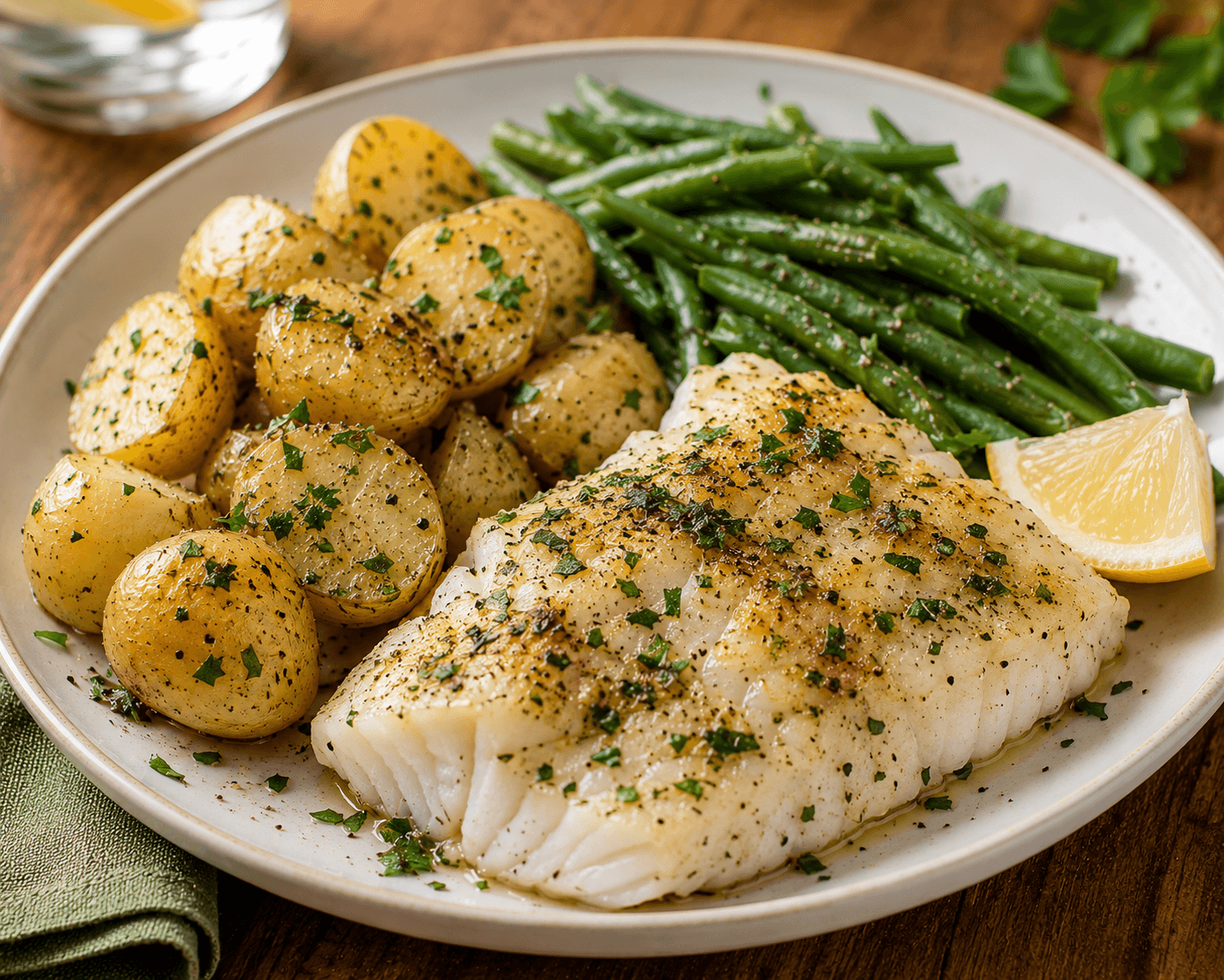 Cod with Herby Potatoes & Green Beans